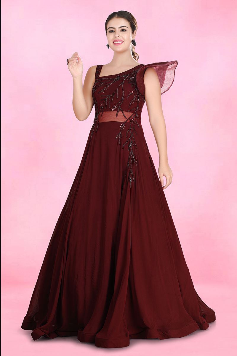 Shop Wine Georgette Embroidered Gown Wedding Wear Online at Best Price |  Cbazaar