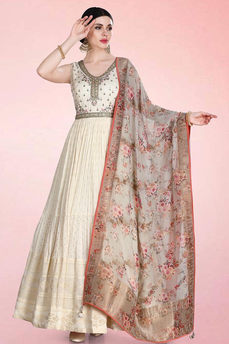 Patterned Anarkali Suit in Cream Beige Embroidered Fabric LSTV114014