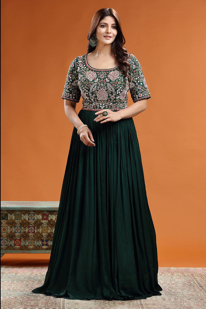 Georgette Fabric Dark Green Color Function Wear Stylish Gown