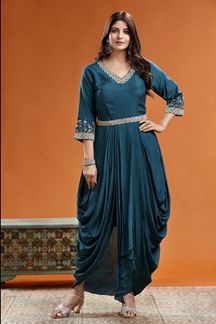 Picture of Charismatic Teal Colored Designer Dhoti Style Suit