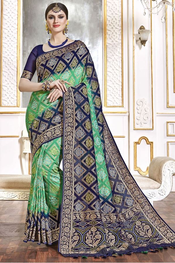 Picture of Stunning Green and Blue Colored Designer Saree
