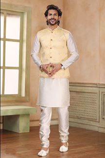 Picture of Attractive Cream Colored Designer Kurta Payjama with Jacket