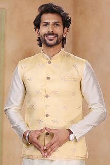 Picture of Attractive Cream Colored Designer Kurta Payjama with Jacket