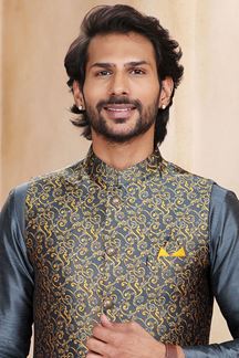 Picture of Artistic Dark Grey Colored Designer Kurta Payjama with Jacket