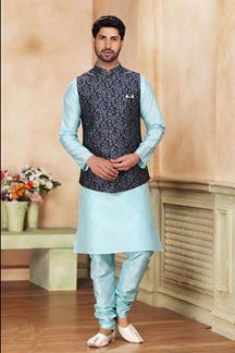 Picture of Enticing Sky Blue Colored Designer Kurta Payjama with Jacket