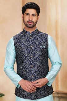 Picture of Enticing Sky Blue Colored Designer Kurta Payjama with Jacket
