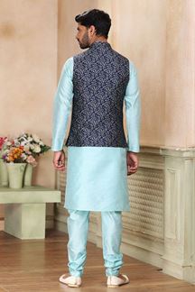 Picture of Enticing Sky Blue Colored Designer Kurta Payjama with Jacket