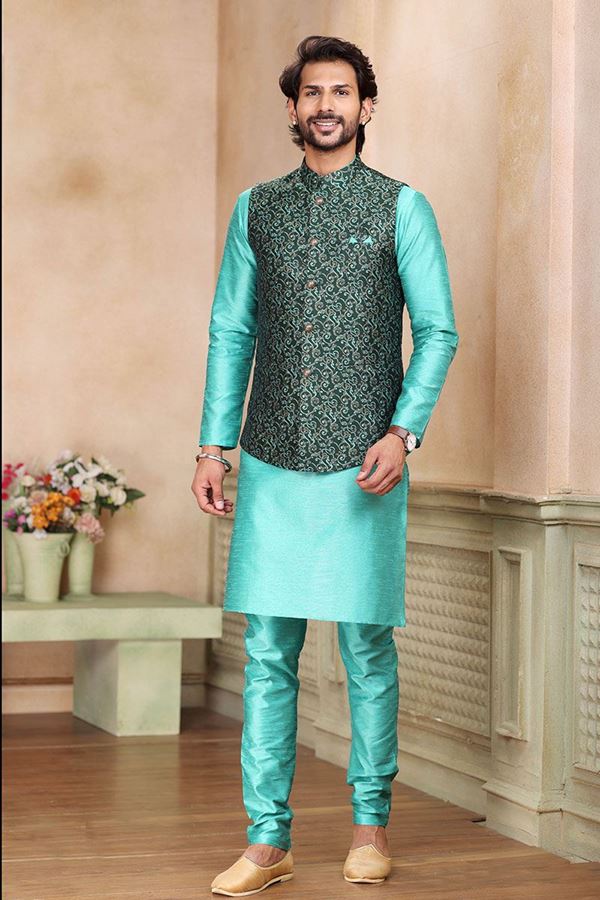 Picture of Aesthetic Blue Colored Designer Kurta Payjama with Jacket