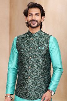 Picture of Aesthetic Blue Colored Designer Kurta Payjama with Jacket