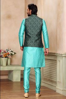 Picture of Aesthetic Blue Colored Designer Kurta Payjama with Jacket