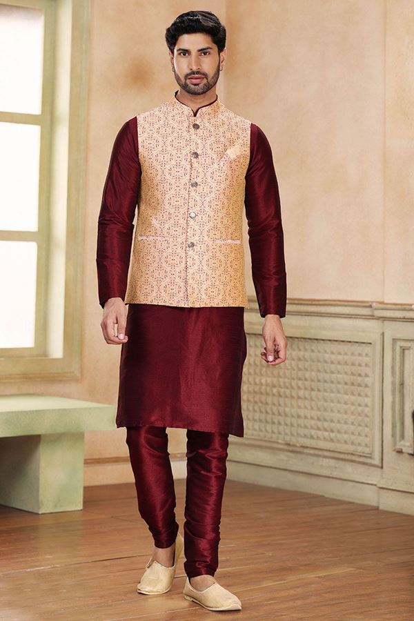 Picture of Exquisite Maroon Colored Designer Kurta Payjama with Jacket