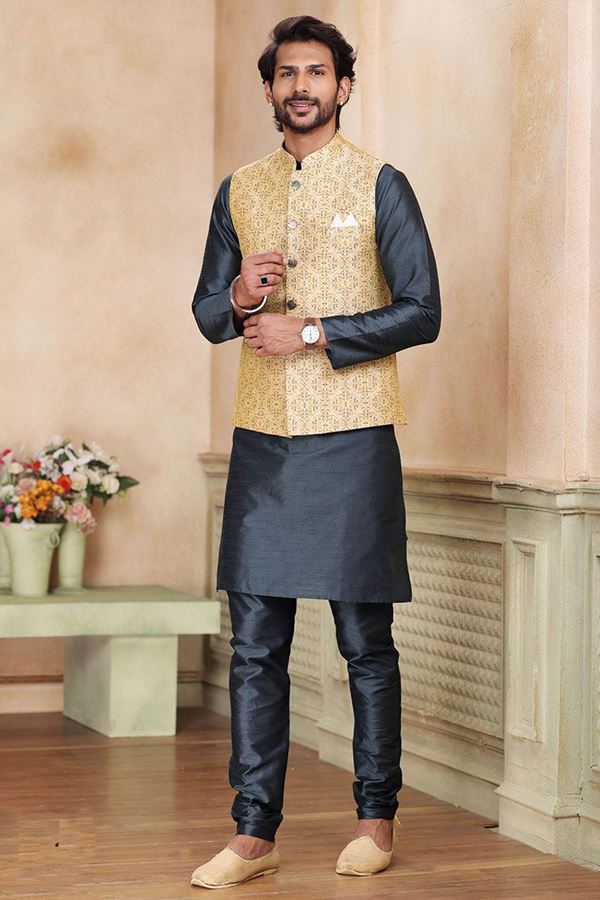 Picture of Charming Dark Grey Colored Designer Kurta Payjama with Jacket