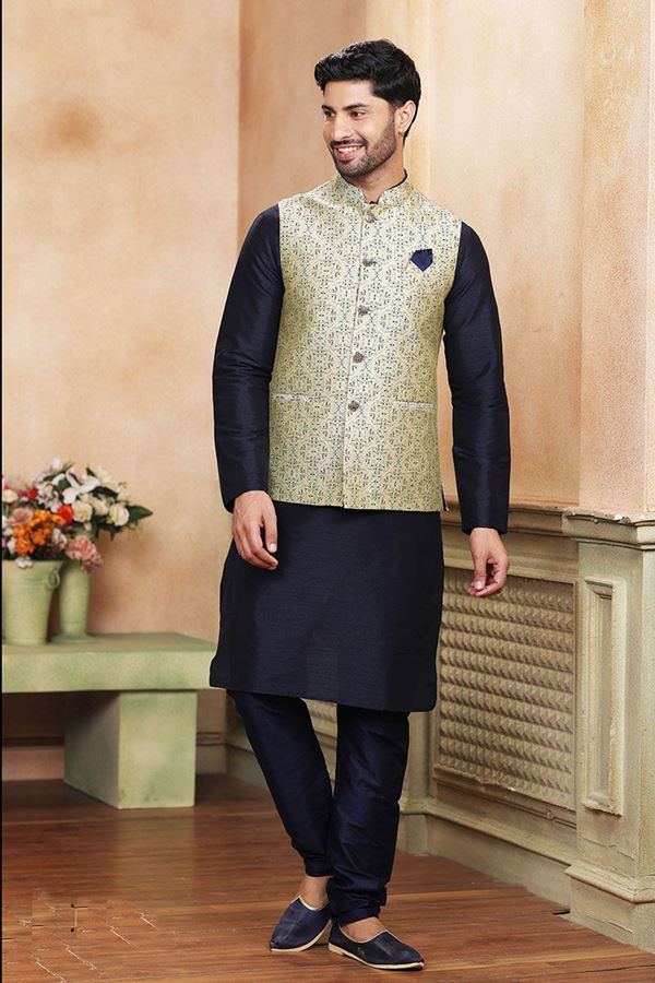 Picture of Exuberant Navy Blue Colored Designer Kurta Payjama with Jacket