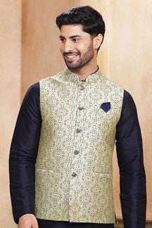 Picture of Exuberant Navy Blue Colored Designer Kurta Payjama with Jacket