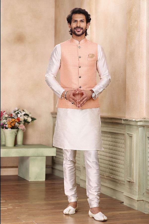 Picture of Classy Cream Colored Designer Kurta Payjama with Jacket