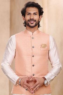 Picture of Classy Cream Colored Designer Kurta Payjama with Jacket