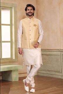 Picture of Appealing Cream Colored Designer Kurta Payjama with Jacket
