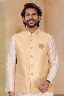 Picture of Appealing Cream Colored Designer Kurta Payjama with Jacket