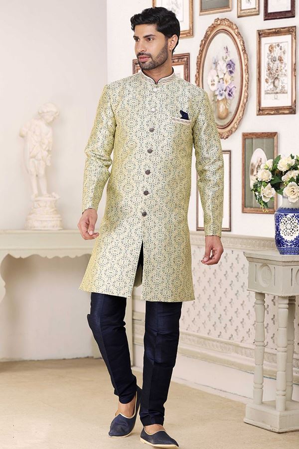 Picture of Appealing Cream Blue Colored Designer Indowestern Sherwani