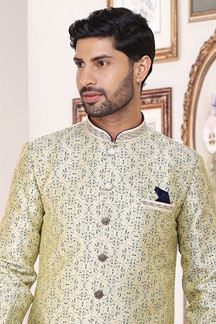 Picture of Appealing Cream Blue Colored Designer Indowestern Sherwani