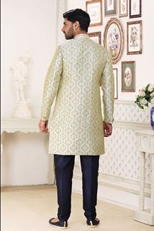 Picture of Appealing Cream Blue Colored Designer Indowestern Sherwani