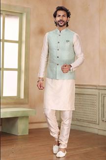 Picture of Fashionable Cream Colored Designer Kurta Payjama with Jacket