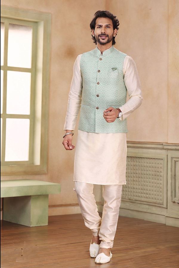 Picture of Fashionable Cream Colored Designer Kurta Payjama with Jacket