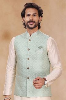 Picture of Fashionable Cream Colored Designer Kurta Payjama with Jacket