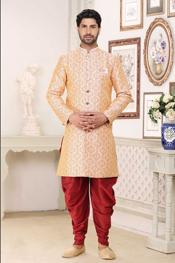 Picture of Stylish Cream and Maroon Colored Designer Indowestern Sherwani