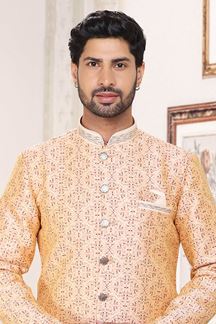 Picture of Stylish Cream and Maroon Colored Designer Indowestern Sherwani