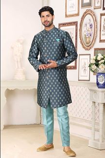 Picture of Majestic Steel Blue Colored Designer Indowestern Sherwani