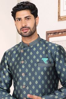 Picture of Majestic Steel Blue Colored Designer Indowestern Sherwani