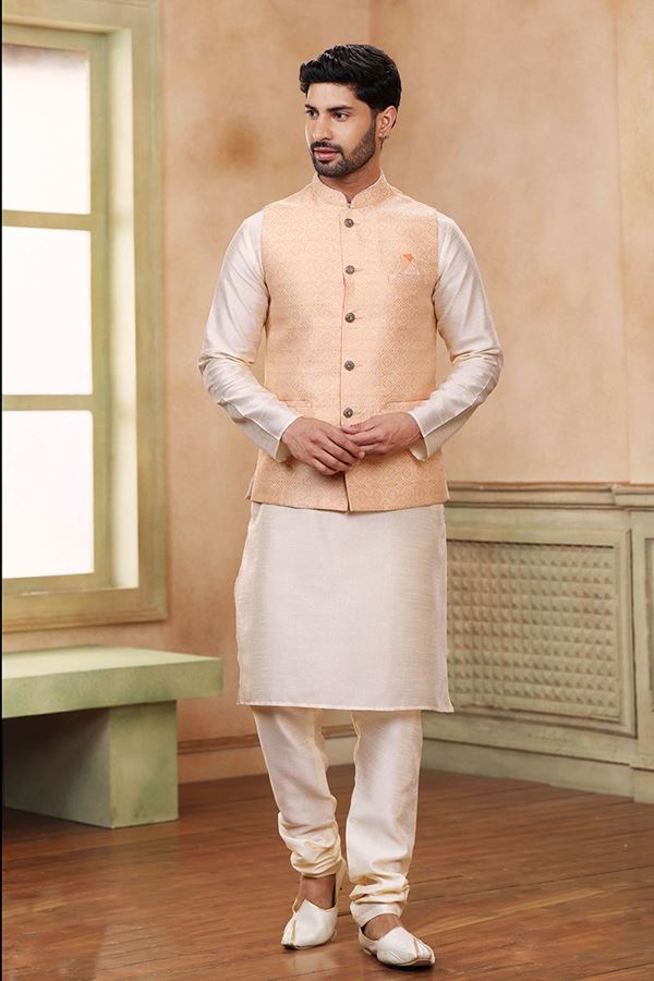 Picture of Magnificent Cream Colored Designer Kurta Payjama with Jacket