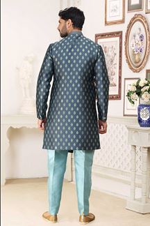 Picture of Majestic Steel Blue Colored Designer Indowestern Sherwani