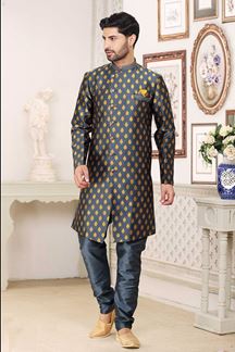 Picture of Classy Steel Blue Colored Designer Indowestern Sherwani