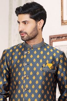 Picture of Classy Steel Blue Colored Designer Indowestern Sherwani