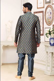 Picture of Classy Steel Blue Colored Designer Indowestern Sherwani