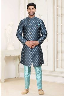 Picture of Exuberant Steel Blue Colored Designer Indowestern Sherwani