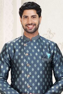 Picture of Exuberant Steel Blue Colored Designer Indowestern Sherwani