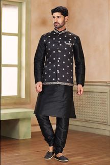 Picture of Fancy Black Colored Designer Kurta Payjama with Jacket