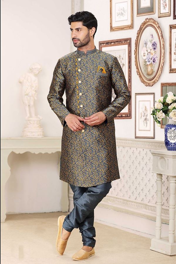 Picture of Charming Dark Grey Colored Designer Indowestern Sherwani