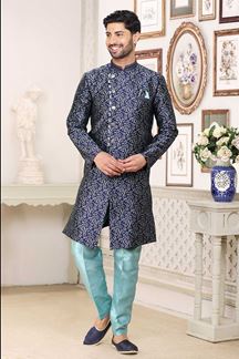 Picture of Aesthetic Blue Colored Designer Indowestern Sherwani