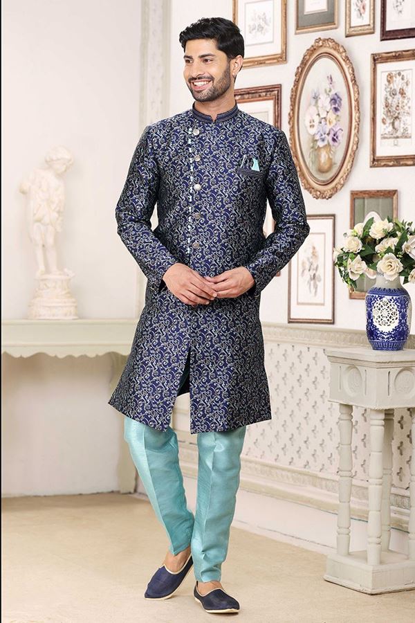 Picture of Aesthetic Blue Colored Designer Indowestern Sherwani