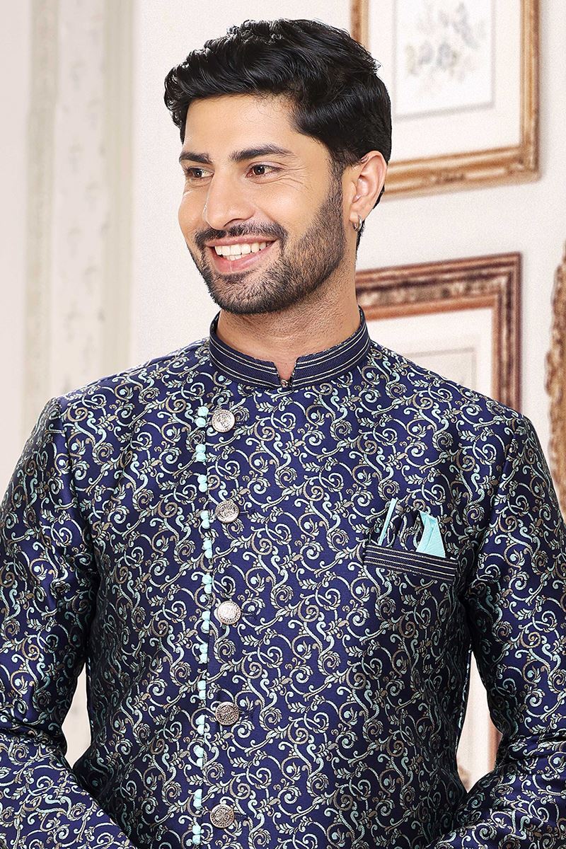 Aesthetic Blue Colored Designer Indowestern Sherwani