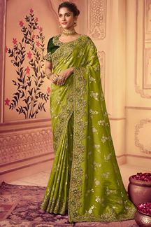 Picture of Pretty Parrot Green Colored Designer Saree