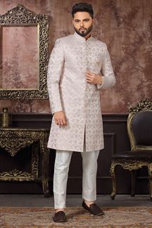 Picture of Captivating Off-White Colored Designer Readymade Men's Indo-Western Sherwani