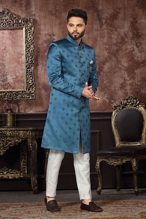 Picture of Spectacular Teal Blue Colored Designer Readymade Men's Indo-Western Sherwani