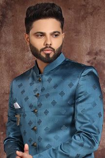 Picture of Spectacular Teal Blue Colored Designer Readymade Men's Indo-Western Sherwani
