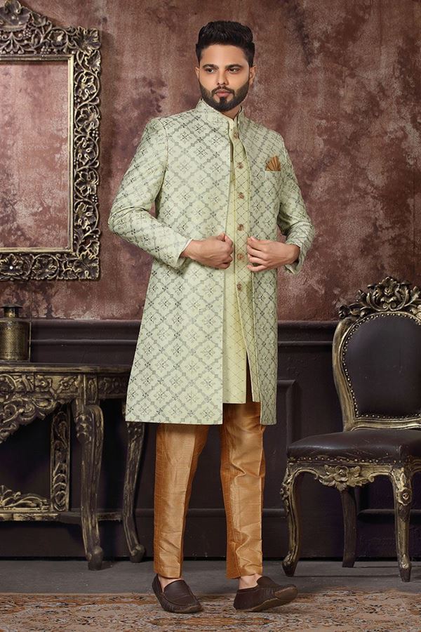 Picture of Splendid Pista Colored Designer Readymade Men's Indo-Western Sherwani