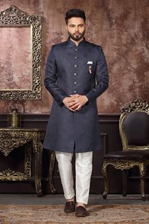 Picture of Royal Navy Blue Colored Designer Readymade Men's Indo-Western Sherwani